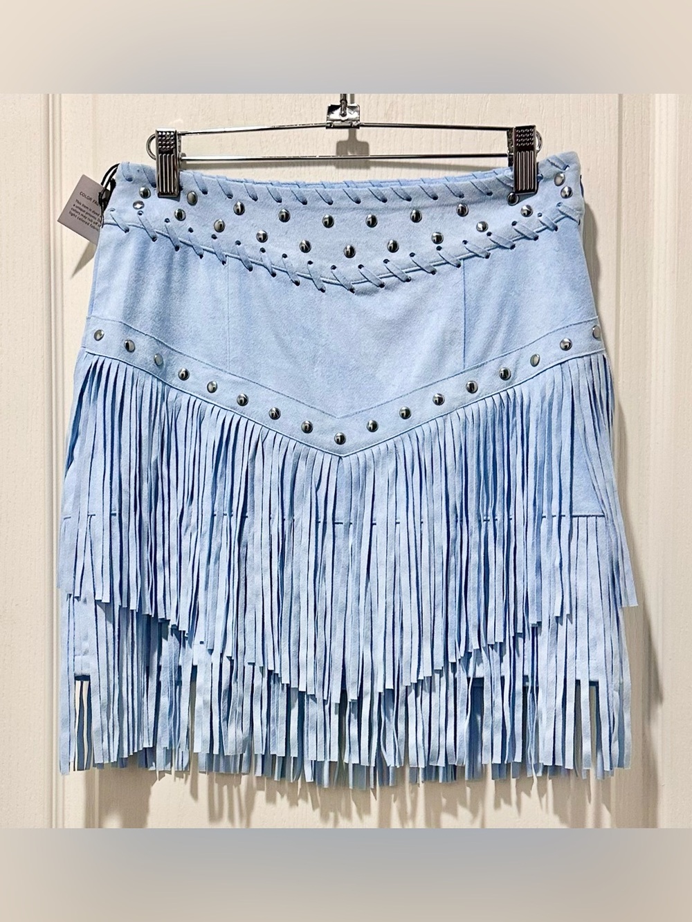 Idyllwind Sky Blue Faux Suede Studded Fringe Western Mini Skirt - Picture 3 of 8
